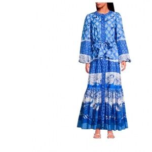 A Loves A Blue White Porcelain Bird Print Maxi Dress Cotton Tiered Large